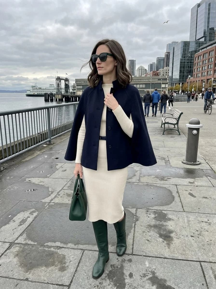 Navy Cape with a Cream Ribbed Midi Dress