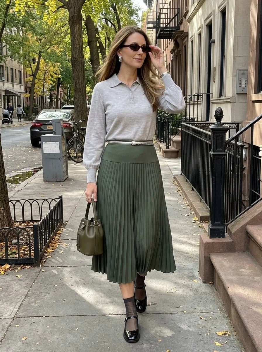 Soft Grey Polo Knit with an Olive Pleated Skirt