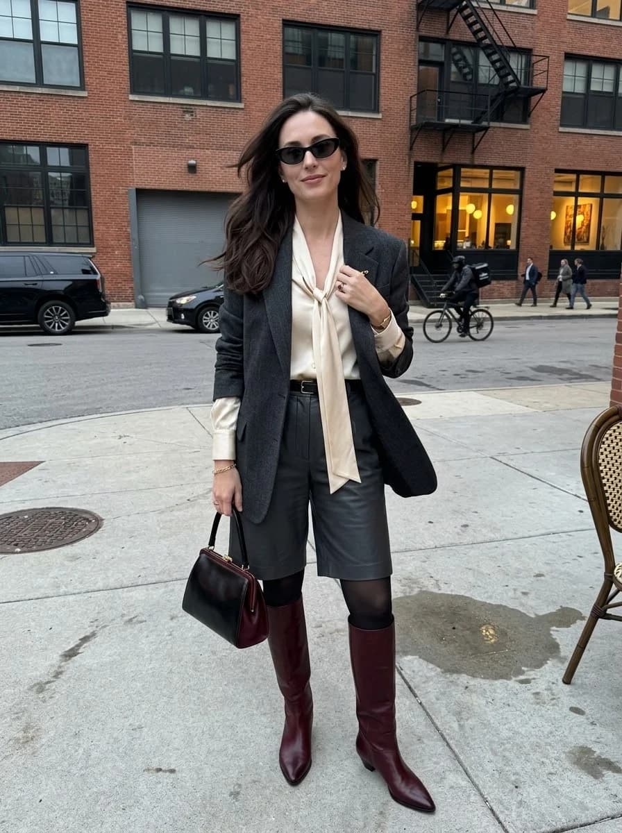 Bow Blouse, Grey Blazer & Leather Bermuda Shorts