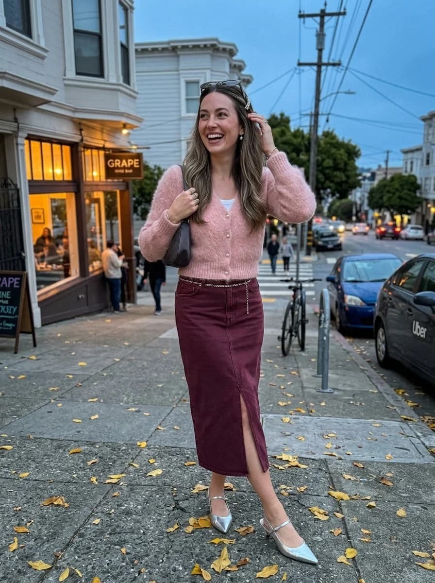 Pink Fuzzy Cardigan with Burgundy Midi Skirt