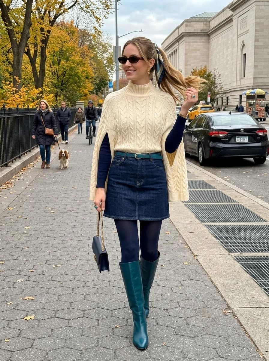 Cable-Knit Cape with Denim Mini Skirt and Tall Boots