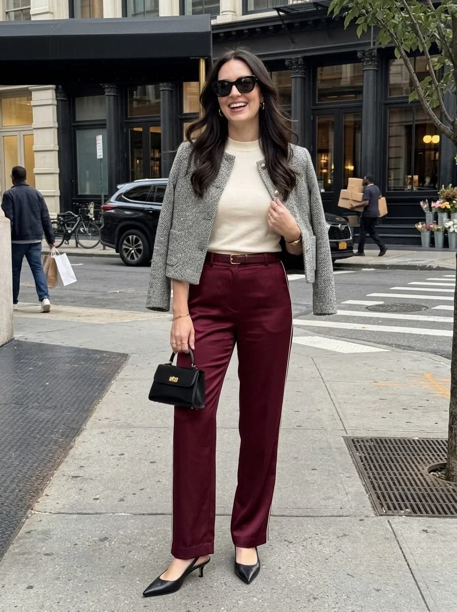 Tweed Jacket with Burgundy Satin Trousers