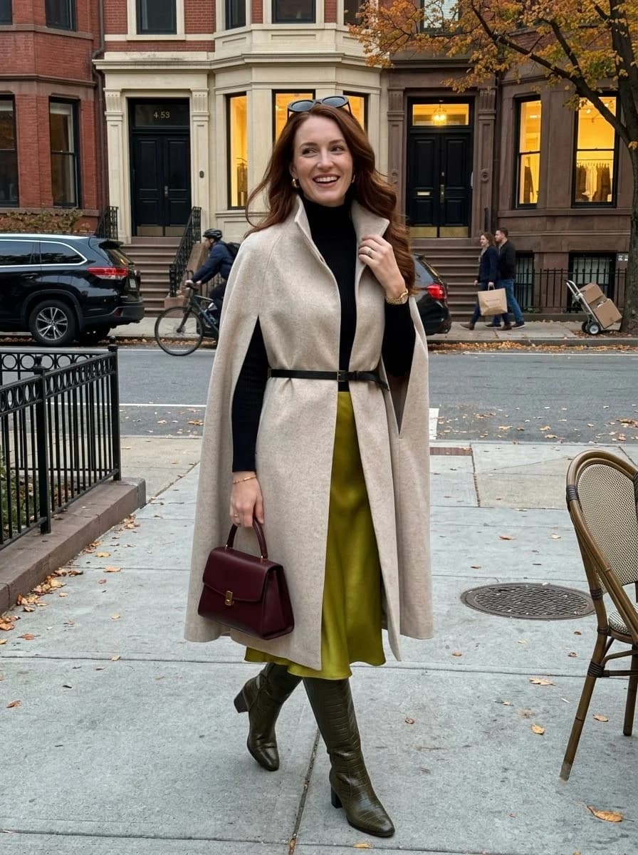Cream Cape with Black Turtleneck and Olive Skirt