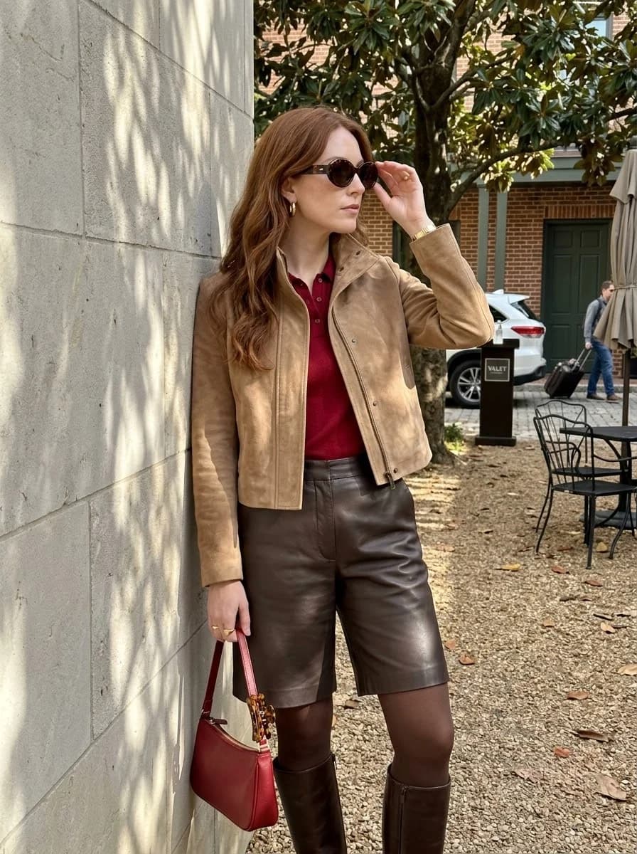 Tan Suede Jacket with Red Polo and Leather Shorts