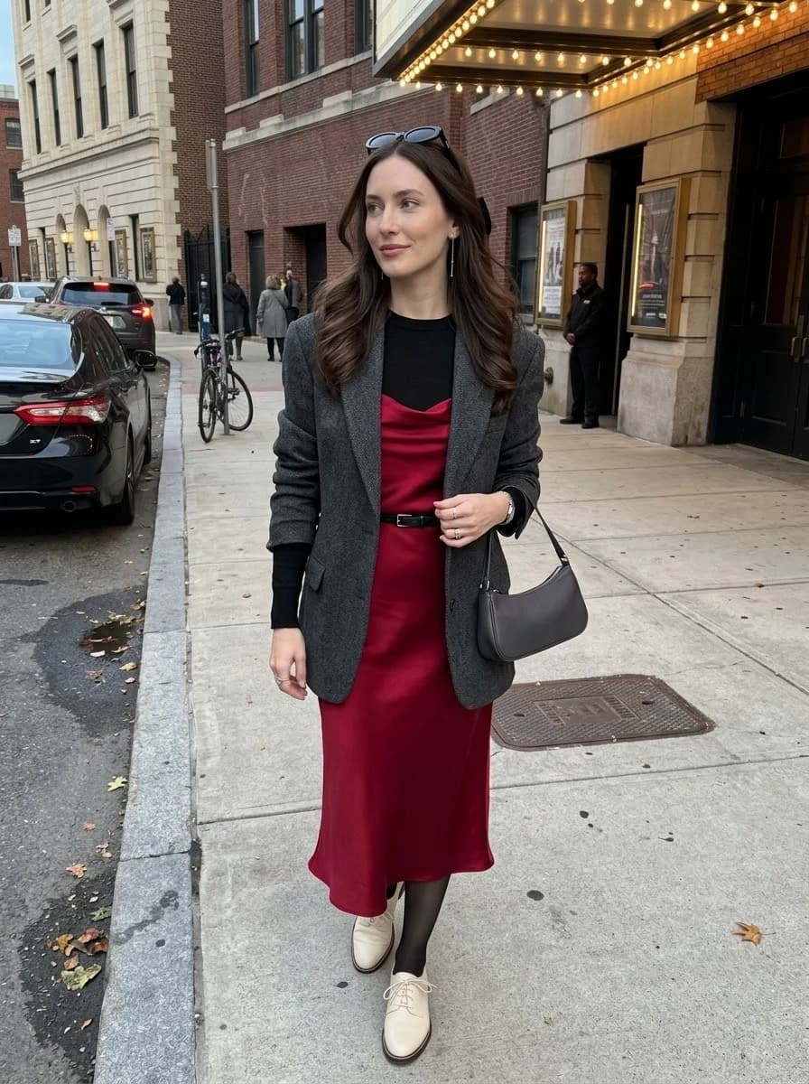 Grey Blazer Layered over a Red Slip Dress
