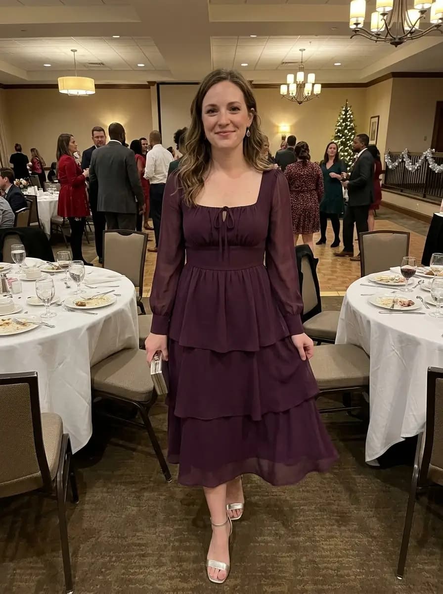 Deep purple chiffon ruffle midi dress with silver heels