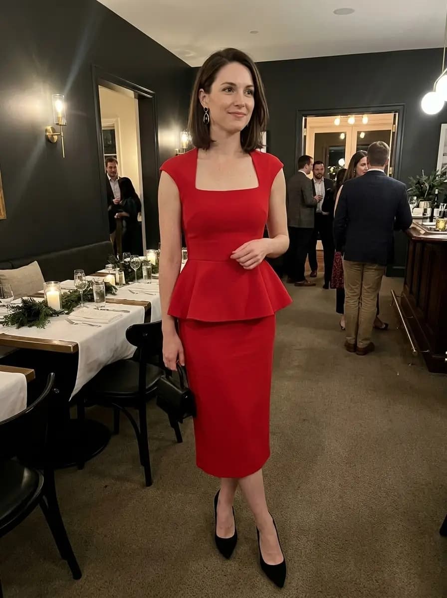 Red peplum sheath dress with black pumps and black bag