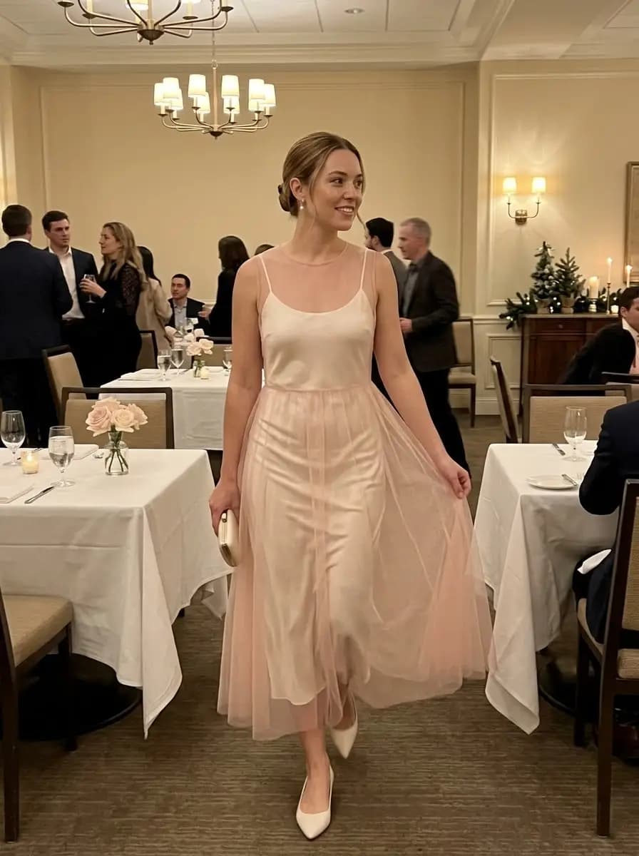 Pale pink satin slip dress with sheer tulle overlay and ivory pointed pumps