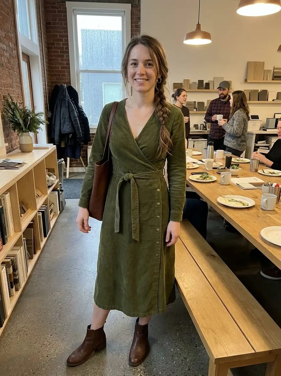 Olive green corduroy wrap midi dress with brown ankle boots