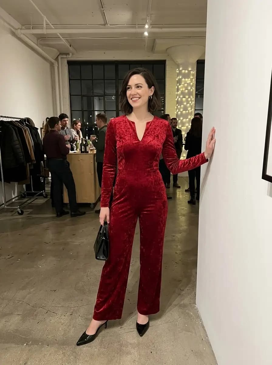Red velvet jumpsuit with black pointed pumps and glossy black handbag
