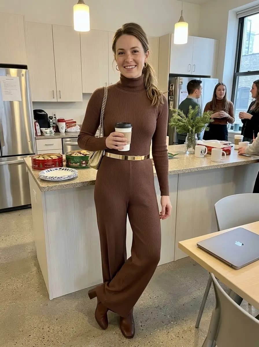 Brown ribbed turtleneck wide-leg jumpsuit with gold belt and boots