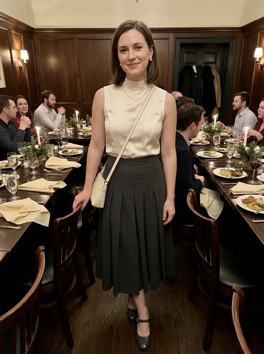 Cream sleeveless mock neck top with charcoal pleated midi skirt