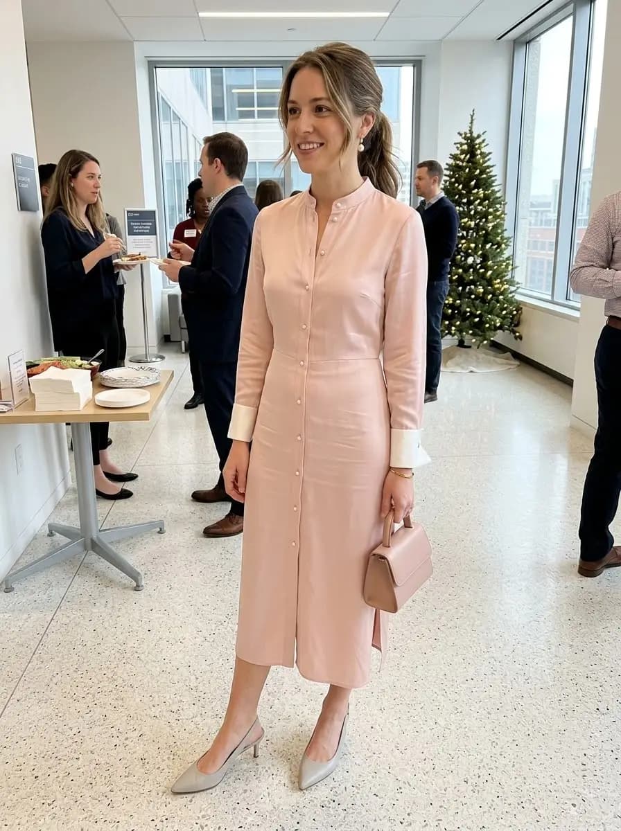 Pale pink button-front midi dress with blush handbag and silver-gray pumps