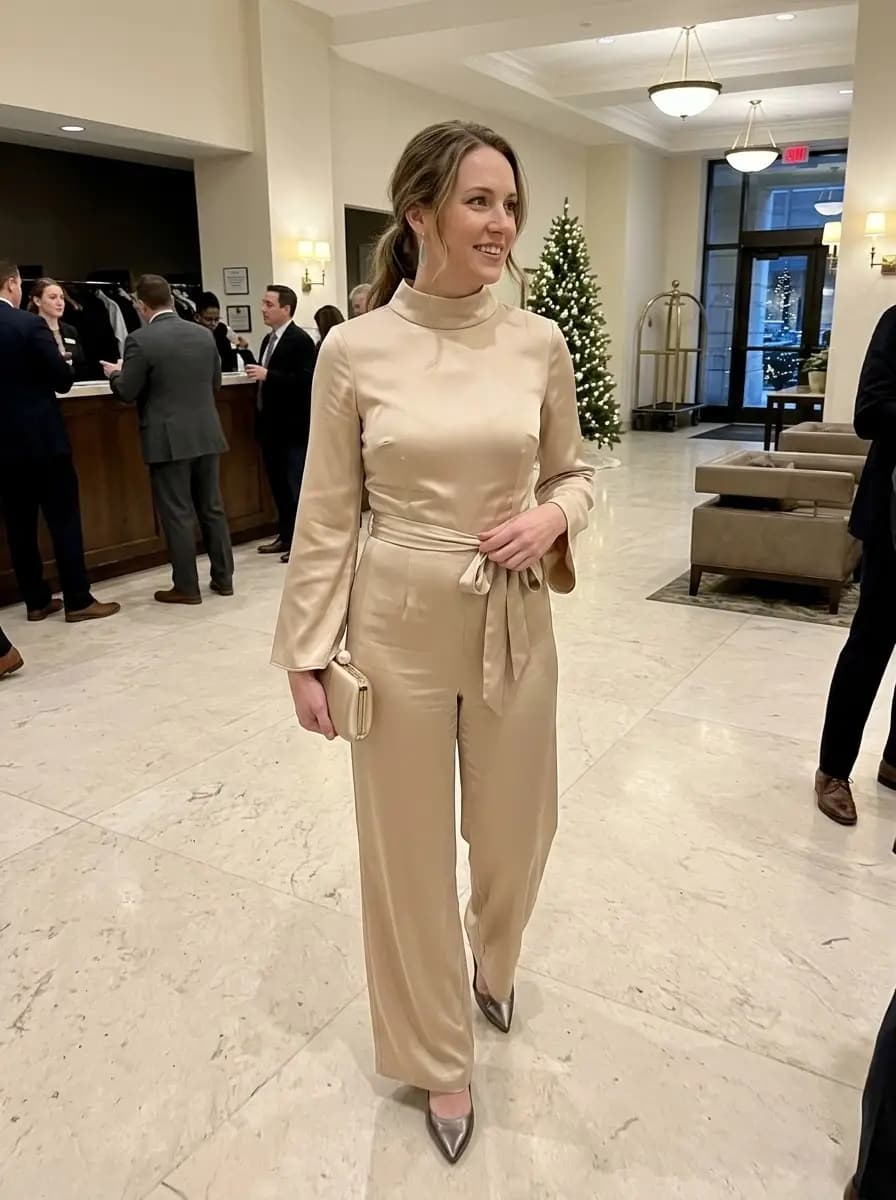 Champagne satin mock neck jumpsuit with self-tie waist and pewter pumps