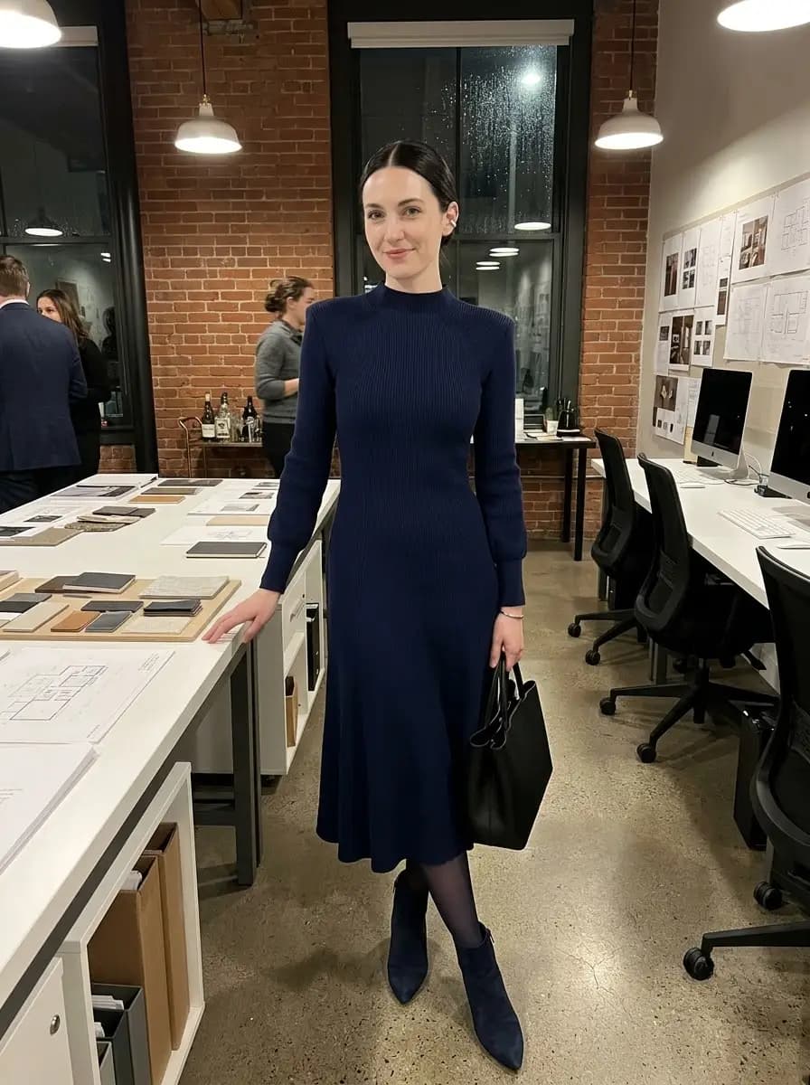 Navy ribbed long sleeve midi dress with dark tights and ankle boots