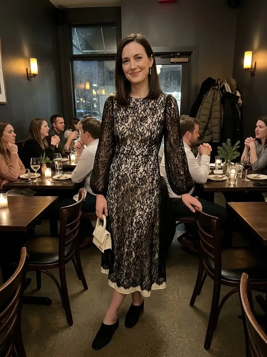 Black lace long sleeve midi dress with black pumps and cream handbag