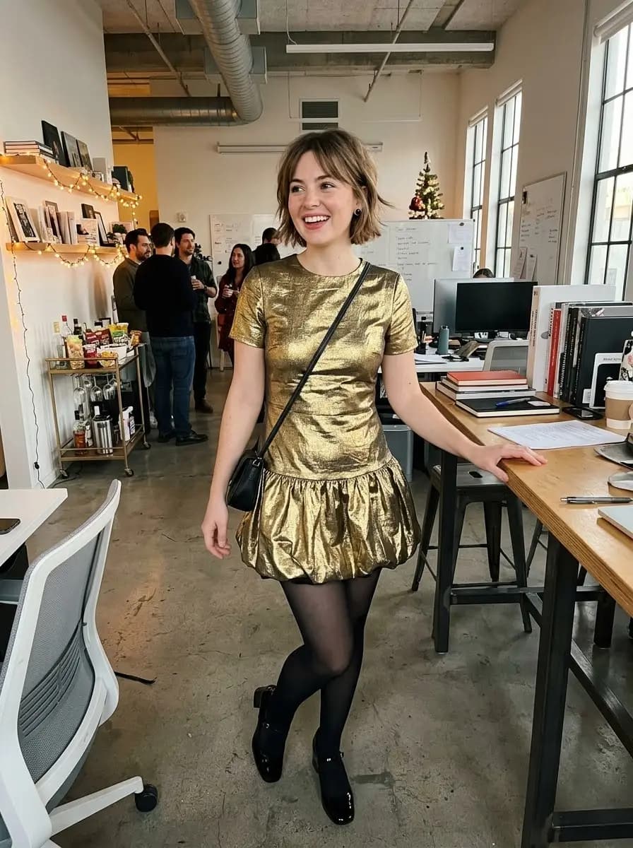 Gold metallic short sleeve bubble hem mini dress with sheer tights and Mary Janes