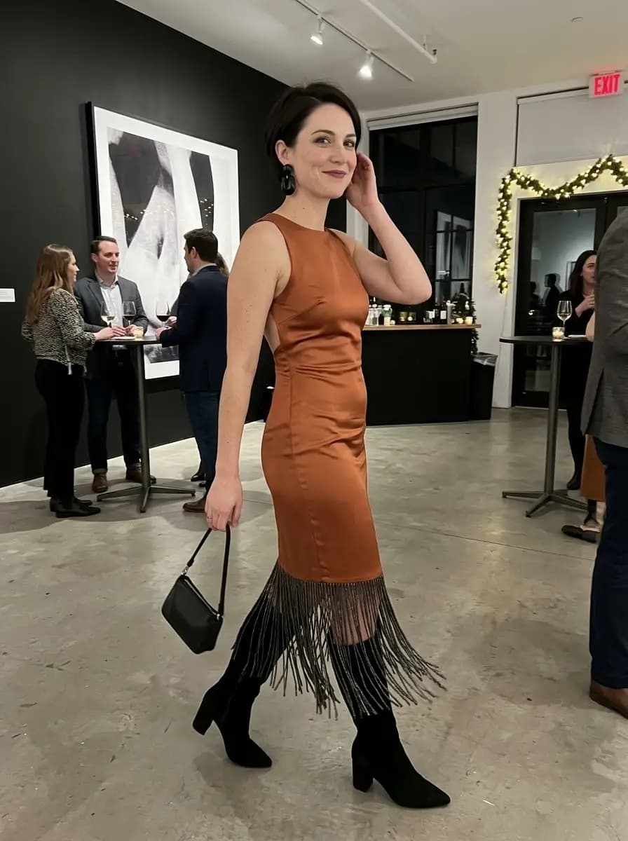 Copper satin mini dress with black fringe hem and black ankle boots