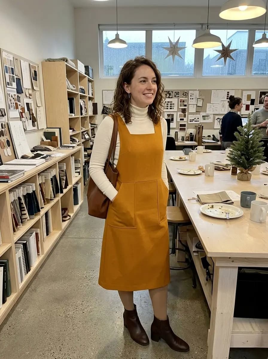Cream ribbed turtleneck sweater layered under a mustard yellow pinafore dress