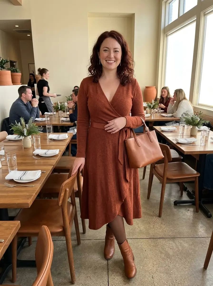 Rust orange knit wrap midi dress with brown leather boots