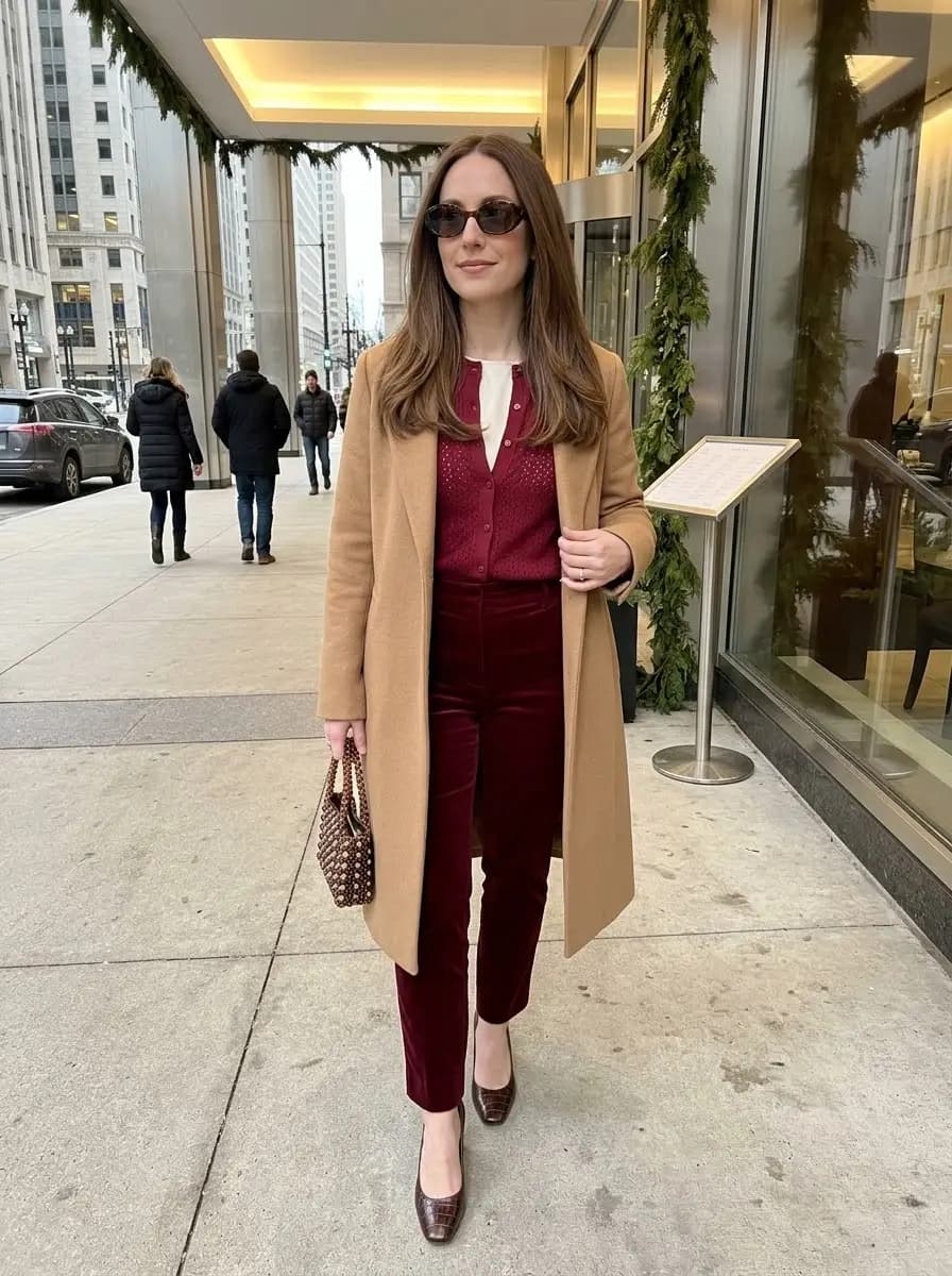 Cropped burgundy velvet trousers and matching cardigan layered under a long camel coat