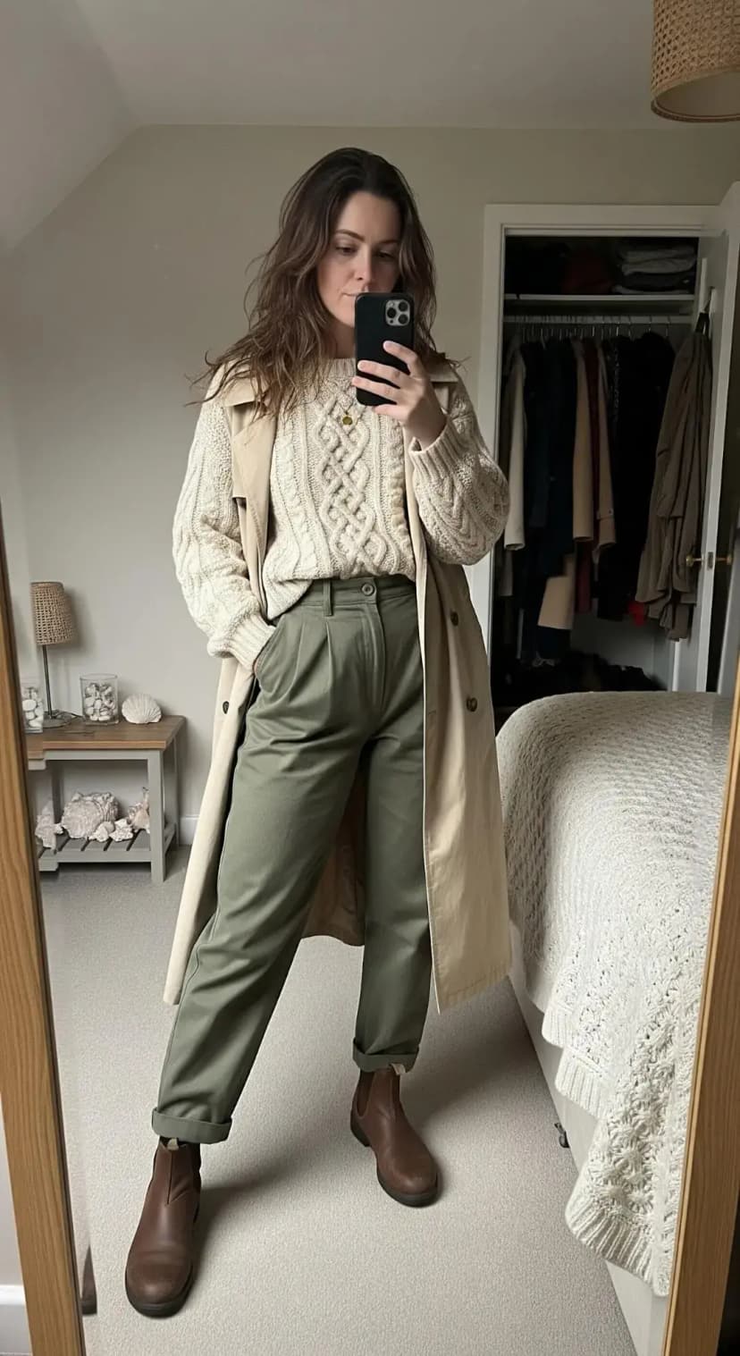 Beige Cable Knit Sweater + Olive Trousers + Trench Coat + Brown Chelsea Boots