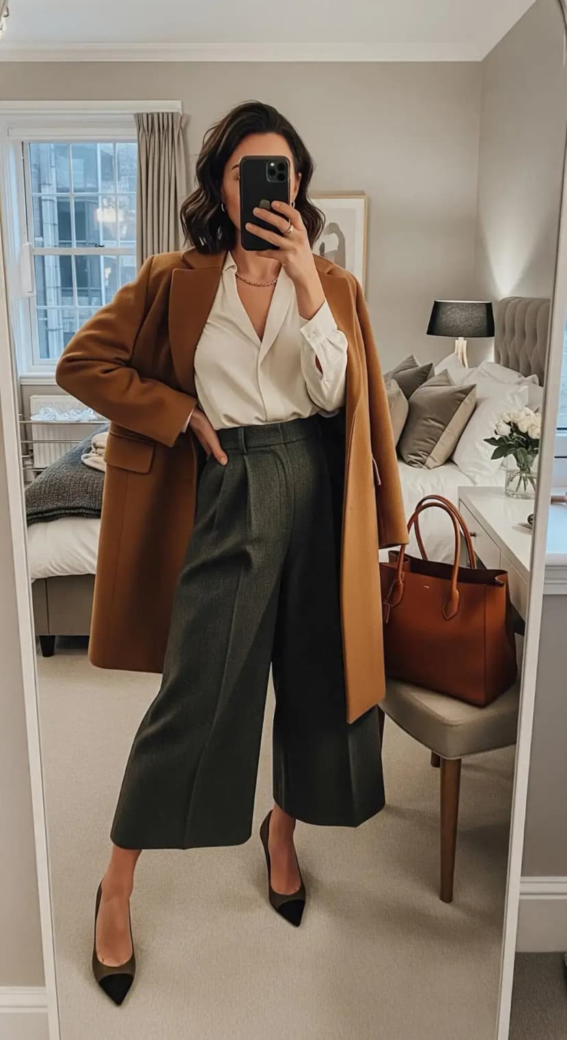 Camel Coat + Cream Silk Blouse + Wide Leg Trousers + Black Heels + Brown Tote