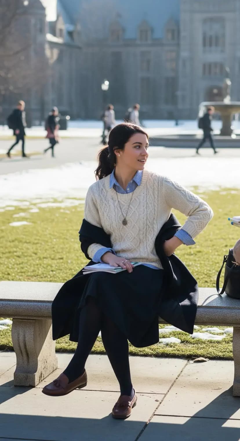 Navy Coat + Blue Cable Knit Sweater + Blue Pinstripe Shirt + Navy Midi Skirt + Brown Loafers