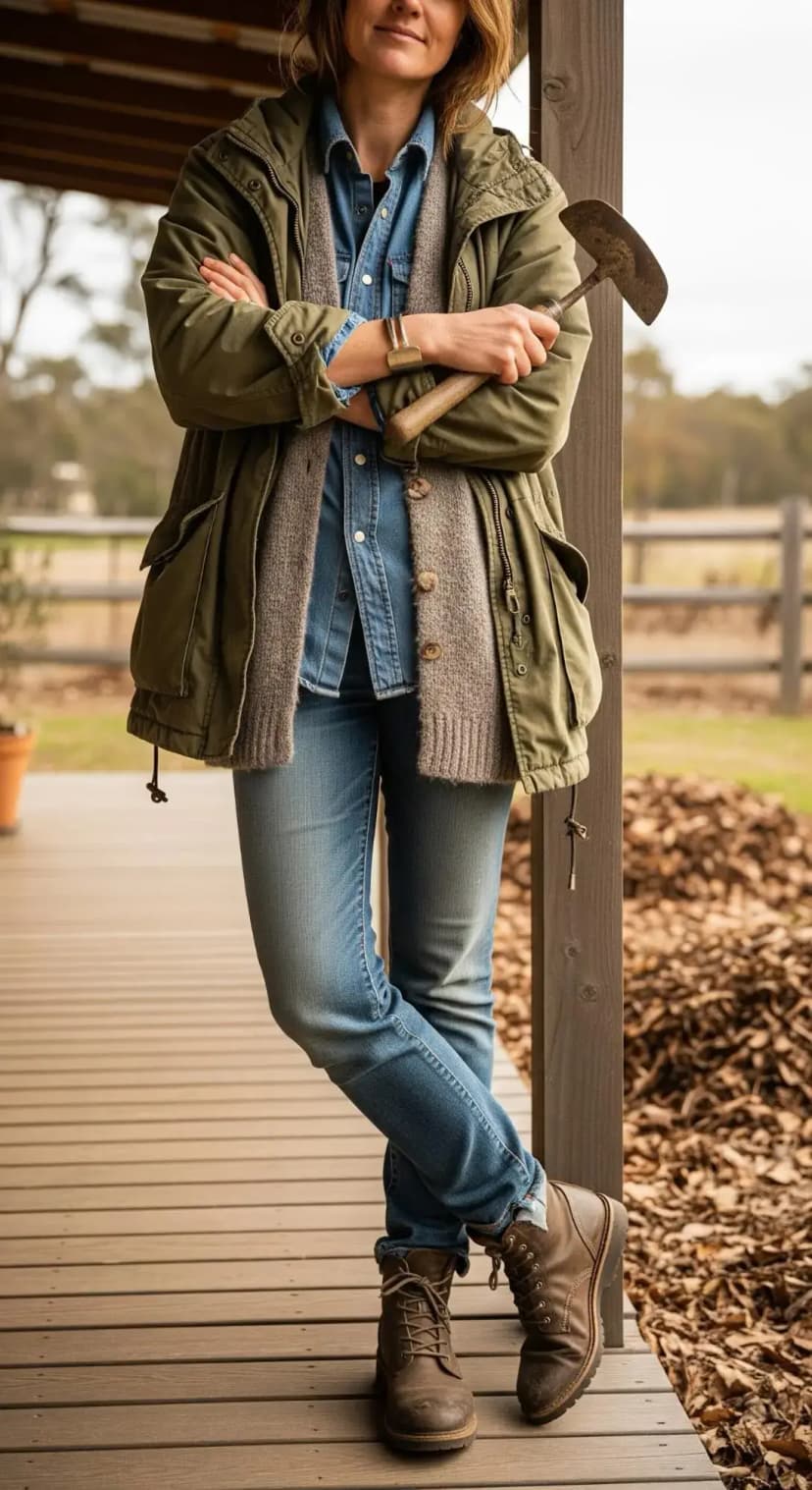 Olive Parka Jacket + Grey Knit Cardigan + Blue Denim Shirt + Blue Jeans + Brown Boots