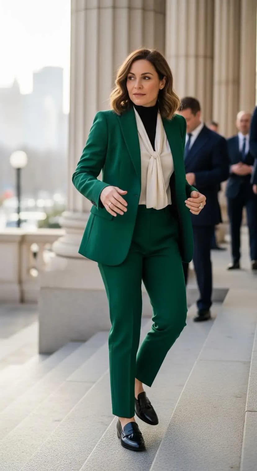 Emerald Blazer Suit + Ivory Silk Blouse + Black Loafers