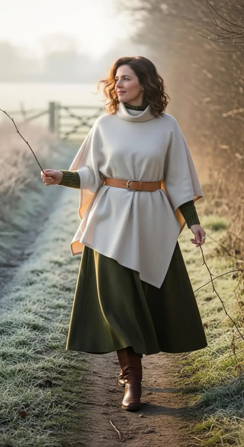 Cream Poncho Cape + Olive Sweater + Belted Maxi Skirt + Brown Boots