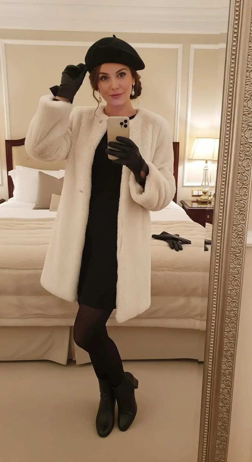 White Faux Fur Coat + Black Mini Dress + Black Beret + Black Gloves + Ankle Boots