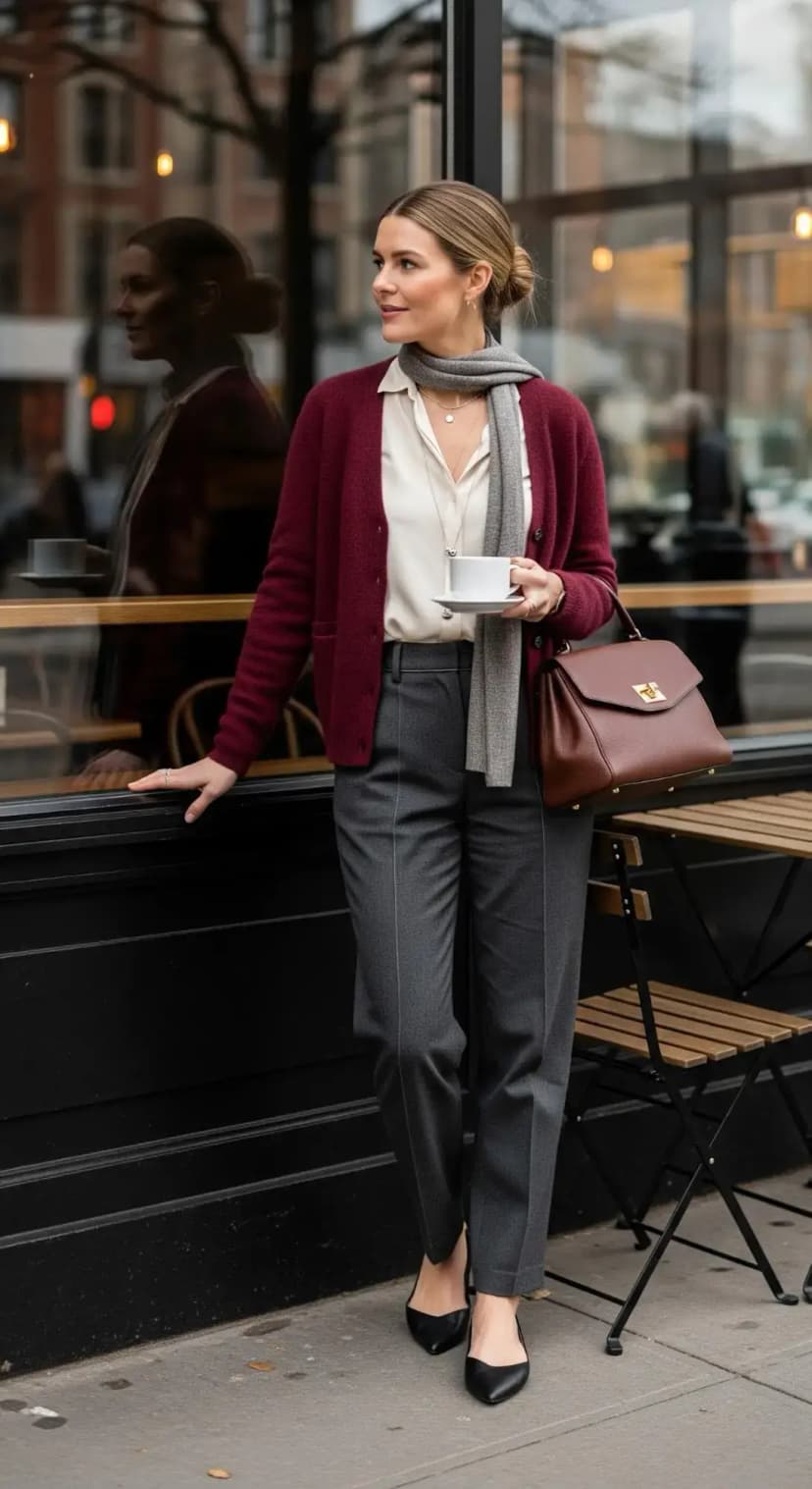 Burgundy Cardigan + Silk Blouse + Grey Trousers + Black Heels + Brown Top Handle Bag