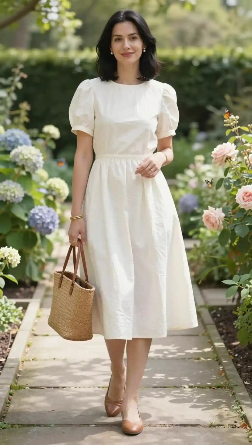 Cream Puff Sleeve Midi Dress + Tan Pointed Flats + Woven Tote Bag