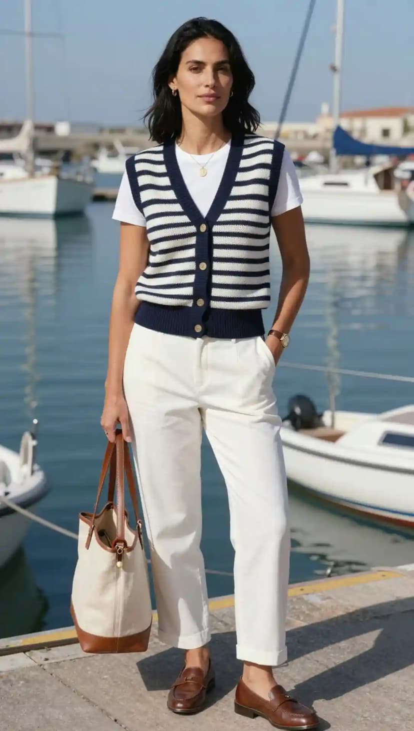 Navy and White Striped V-Neck Vest + White Straight Leg Trousers + White T-Shirt + Brown Loafers + Canvas Tote Bag