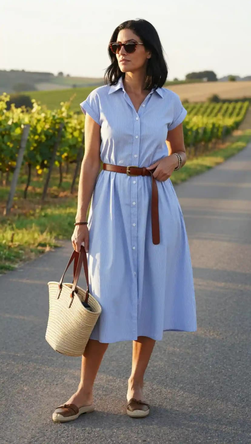 Light Blue Pinstripe Shirt Dress + Brown Leather Belt + Straw Tote Bag + Brown Espadrille Mules