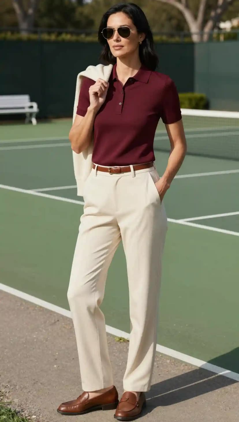 Maroon Polo Shirt + Cream Tailored Trousers + Cream Cardigan