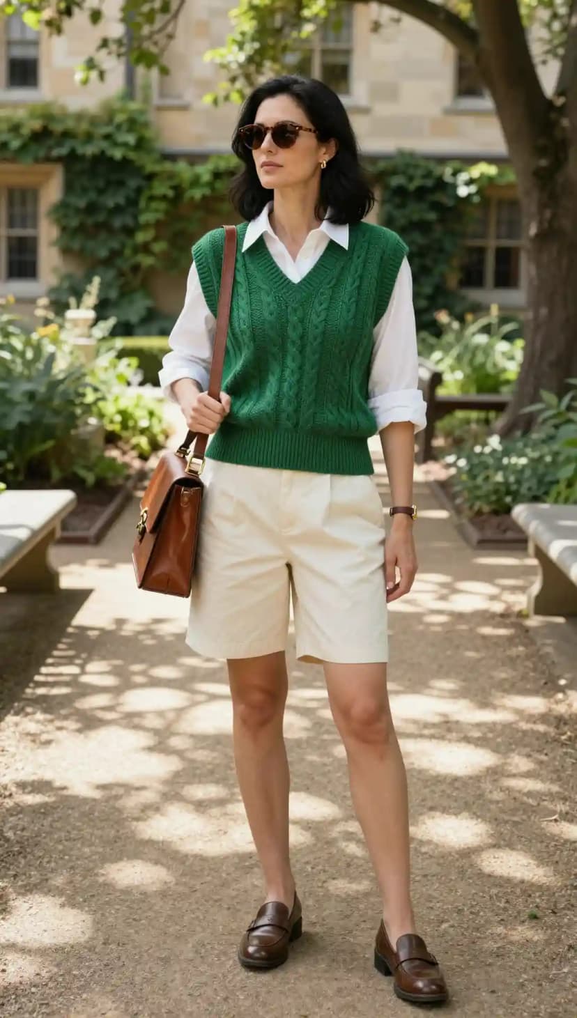 White Button-Down Shirt + Green Cable-Knit Vest + Cream Chino Shorts + Brown Loafers