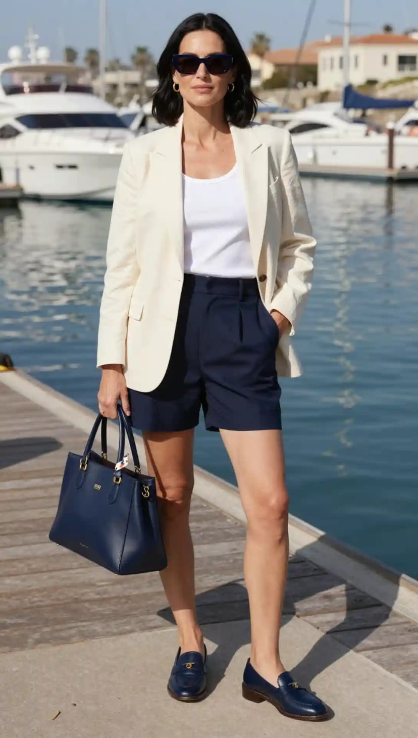 Cream Linen Blazer + White Ribbed Tank Top + Navy Tailored Shorts + Navy Loafers