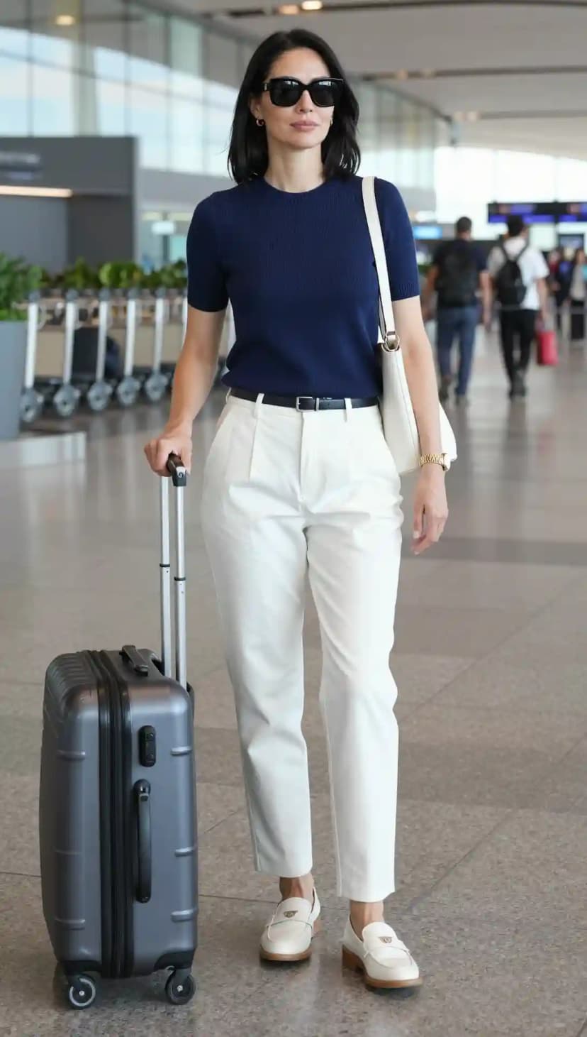 Navy Knit Top + White Wide-Leg Trousers + Black Belt