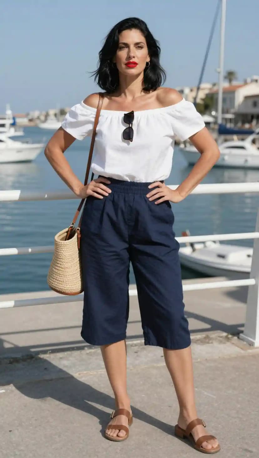 White Off-the-Shoulder Top + Navy Culottes + Straw Tote Bag