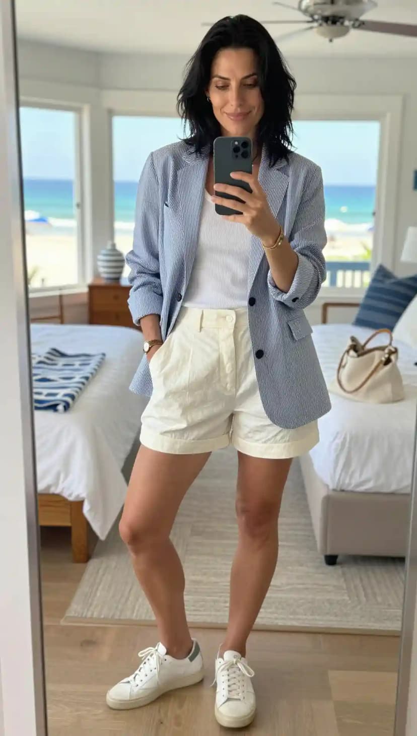 Blue Striped Blazer + White Tank Top + Cream Linen Shorts