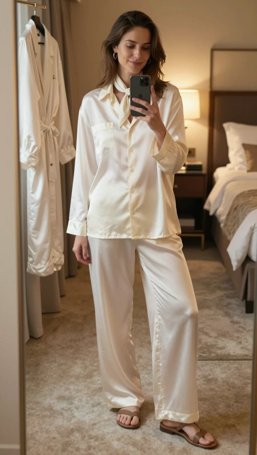 Cream Silk Pajama Set + Tan Leather Sandals