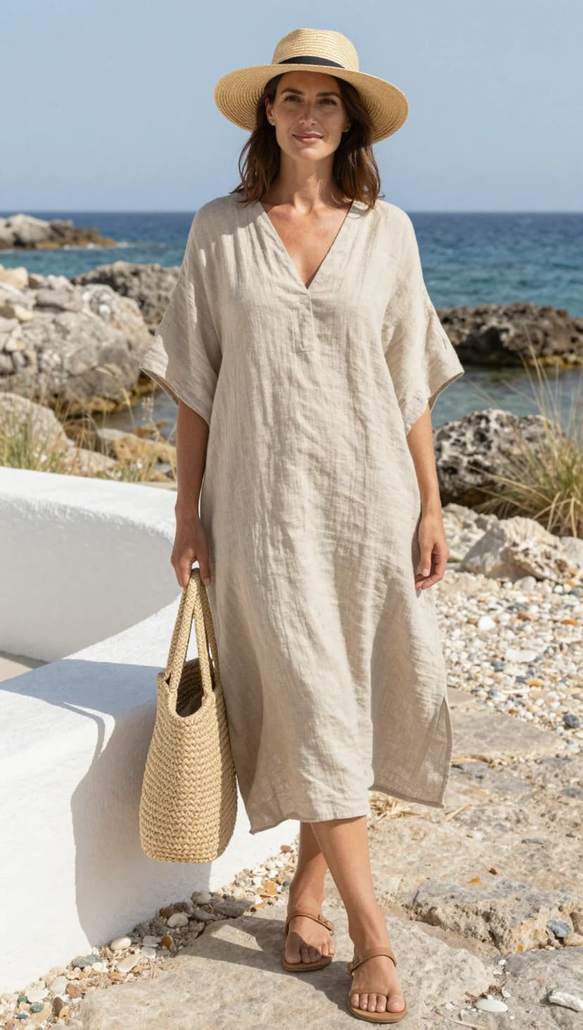 Natural Linen V-Neck Midi Dress + Straw Fedora Hat + Tan Leather Flat Sandals + Woven Straw Tote Bag
