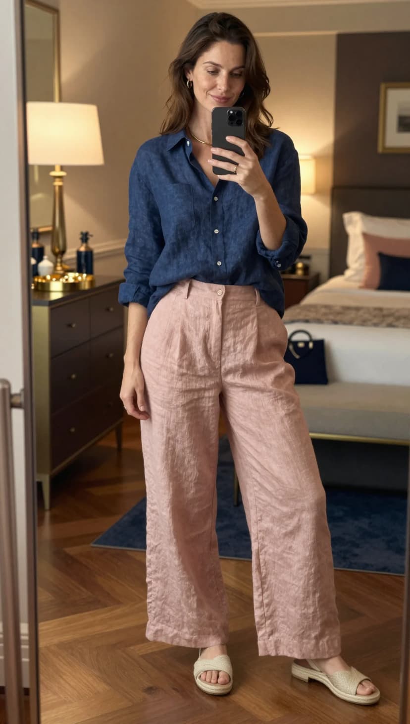 Navy Linen Button-Up Shirt + Dusty Rose Linen Wide-Leg Trousers + Natural Espadrille Wedge Sandals