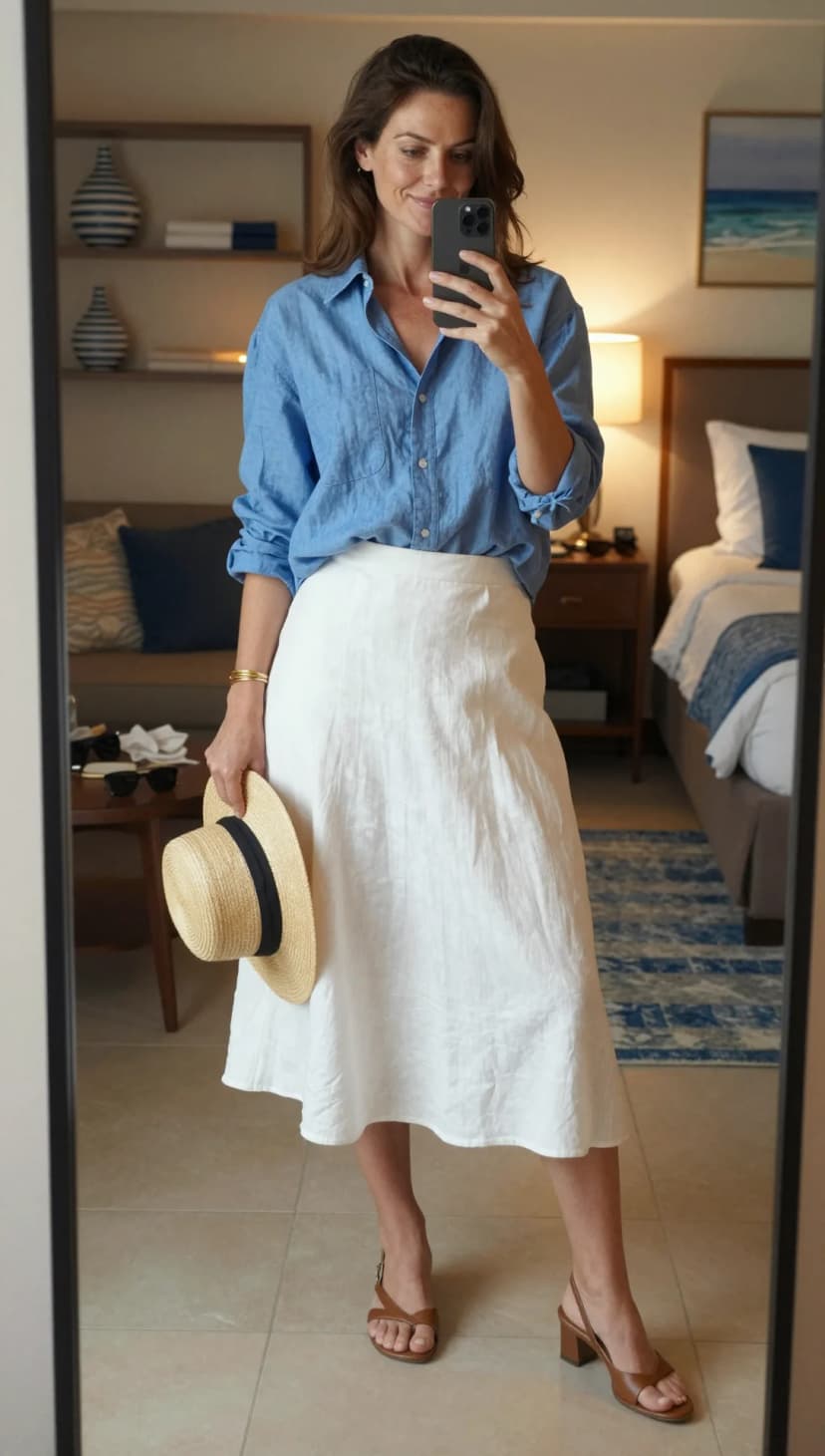 Blue Linen Button-Up Shirt + White Linen A-Line Skirt + Brown Leather Block Heels