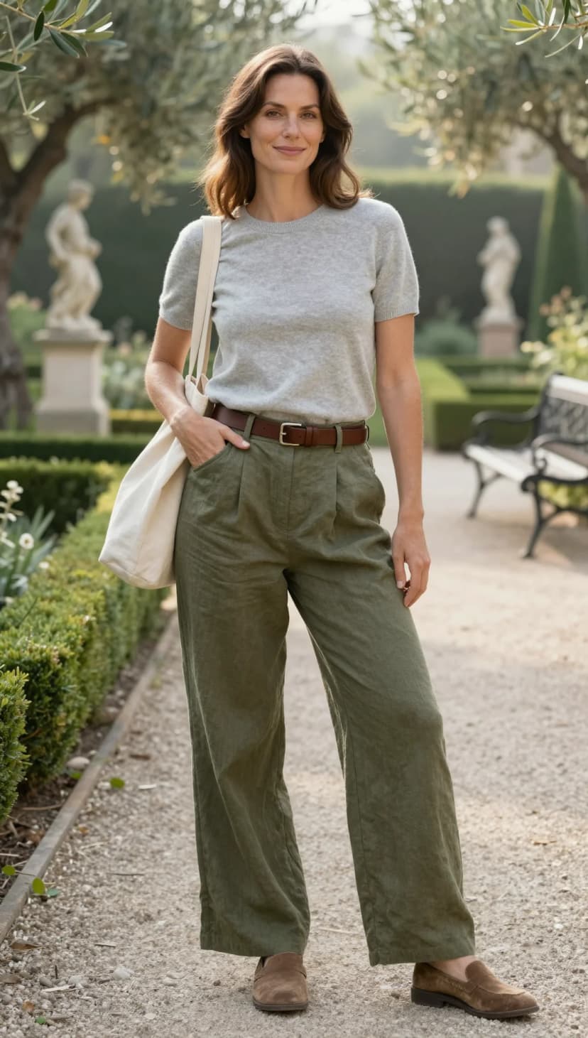 Grey Short Sleeve Knit Top + Olive Linen Wide Leg Trousers + Brown Leather Belt + Brown Suede Loafers
