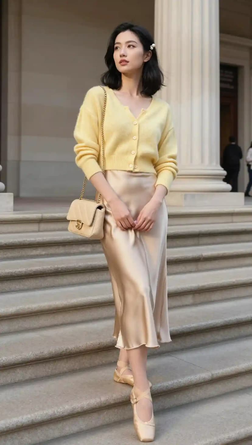 Yellow Cashmere Cardigan + Champagne Satin Skirt + Pearl Hair Clip