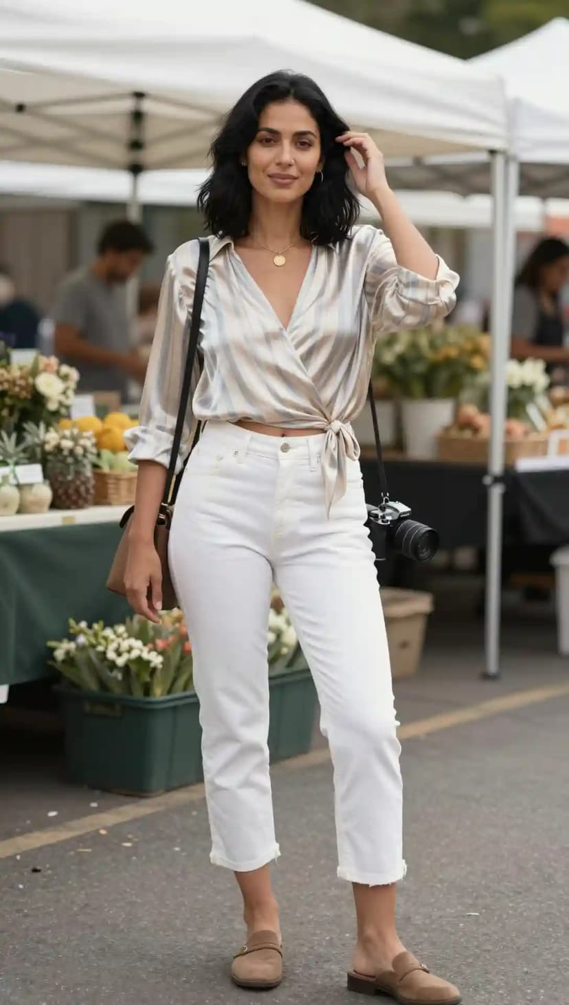 Striped Satin Wrap Top + White Cropped Jeans + Brown Mules