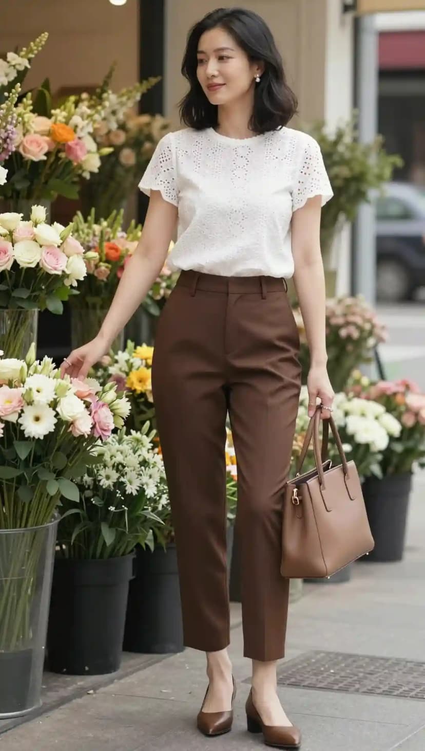 White Eyelet Top + Brown Tailored Trousers